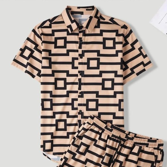 Casual Khaki Geometric Print Men's Shirt & Shorts - Picture 2 of 6